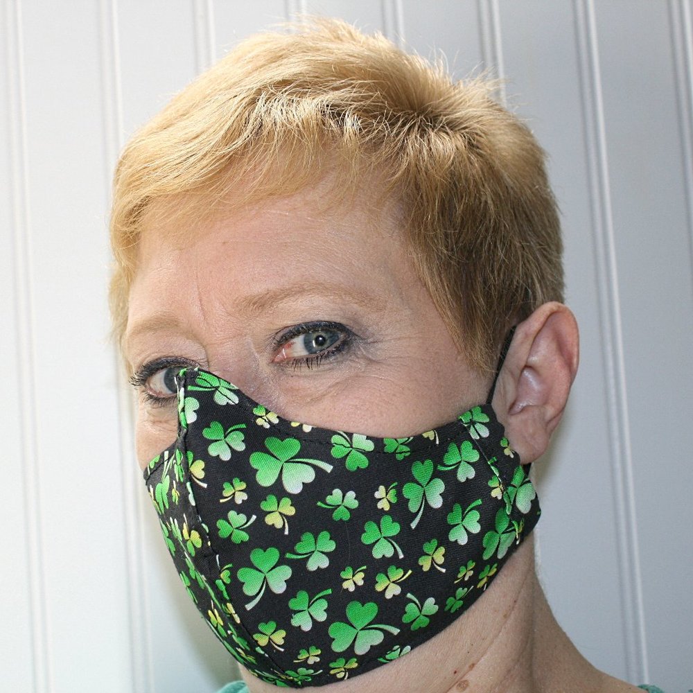 HAND CRAFTED Face Mask Black Shamrock Adult Cloth Fabric Print - Shield Style